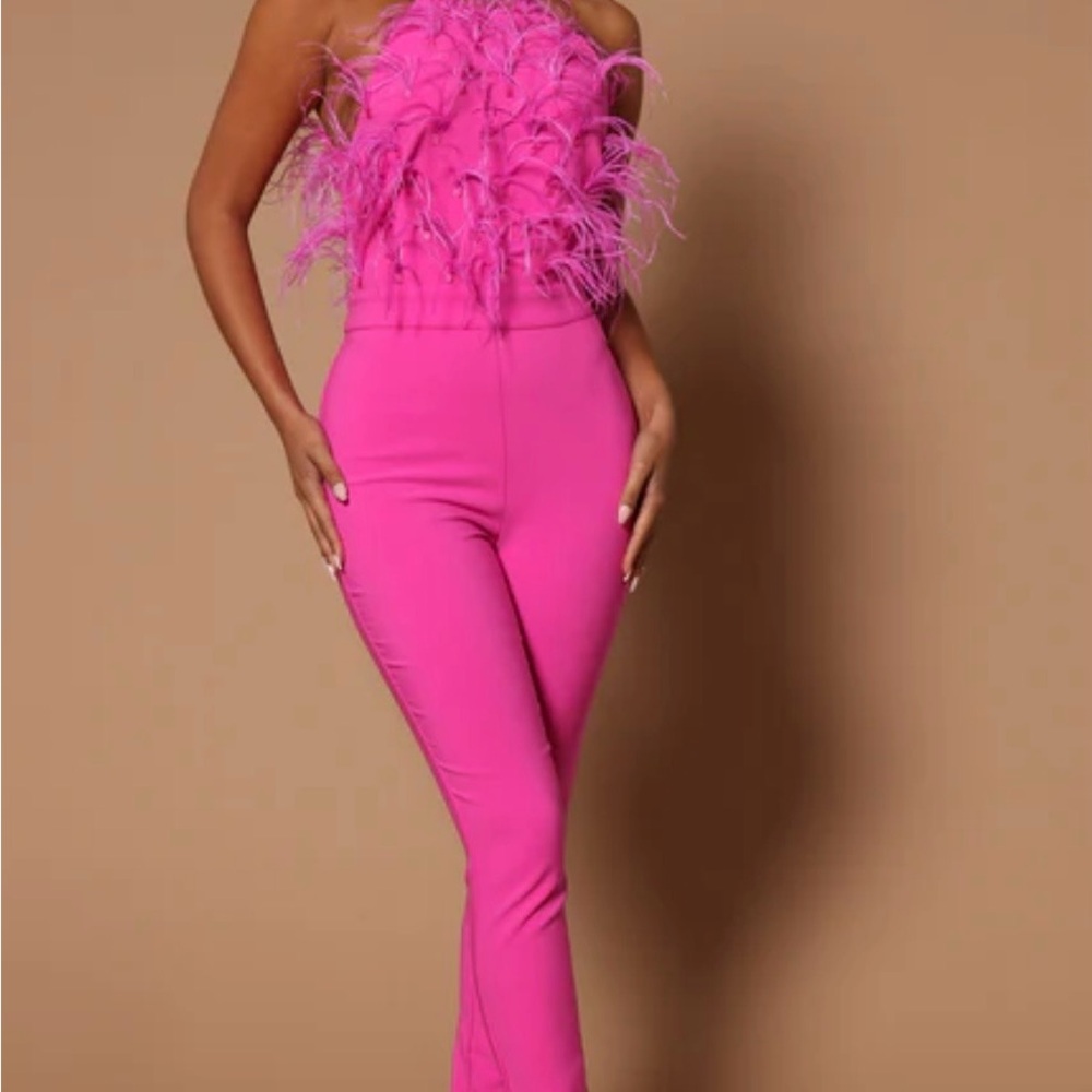Fashion Nova Feather Bodice Skinny Jumpsuit - Hot Pink
